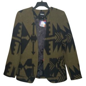 Desigual Olive and Black Slim Wool Geometric Print Blazer sz M